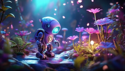 Shiny Fantasy Small A.I robots in harmony with nature