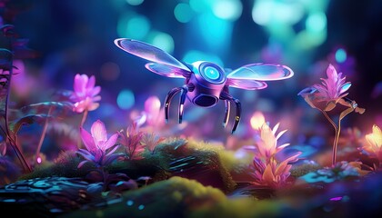 Shiny Fantasy Small A.I robots in harmony with nature