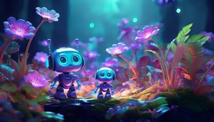 Shiny Fantasy Small A.I robots in harmony with nature
