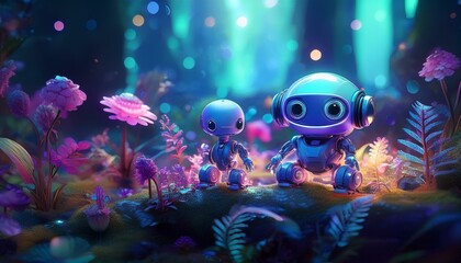 Shiny Fantasy Small A.I robots in harmony with nature