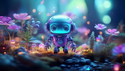 Shiny Fantasy Small A.I robots in harmony with nature