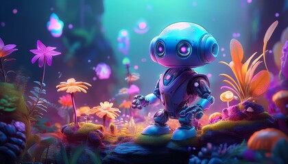 Shiny Fantasy Small A.I robots in harmony with nature
