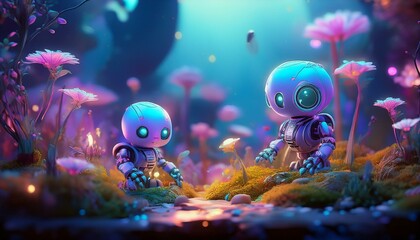 Shiny Fantasy Small A.I robots in harmony with nature