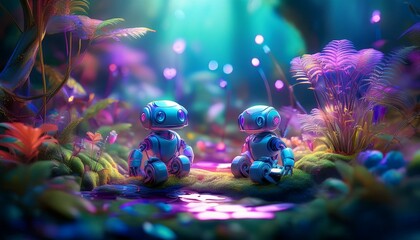 Shiny Fantasy Small A.I robots in harmony with nature