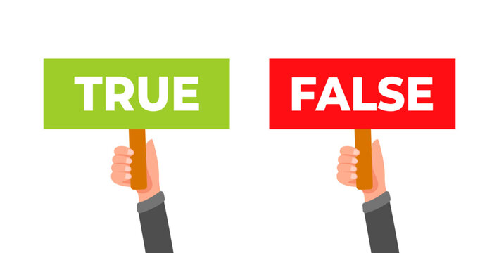 Businessman hands holding true and false signs placards making decision