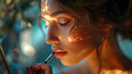 Fototapeta premium A serene, close-up scene of an elegant woman having her makeup done for a wedding photoshoot, her face illuminated by gentle light