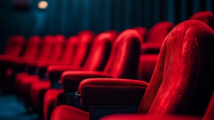 Empty red theater seats in a row.