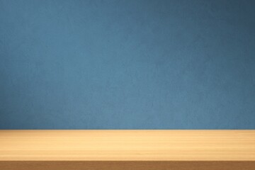 Empty space wooden table top on blue wall background. Mockup scene display for products or texts presentation. 
