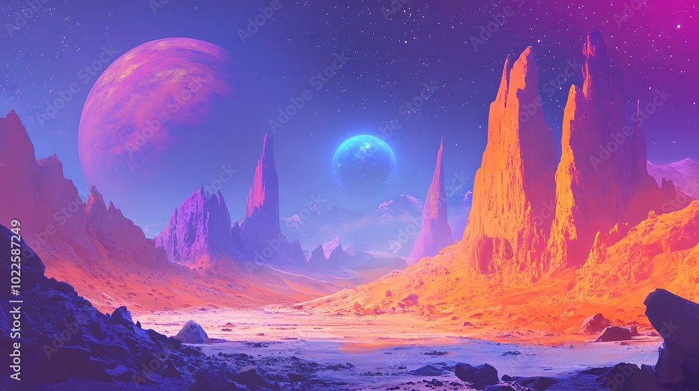 Poster abstract colorful background of a unique beautiful fantasy space with planets, nebulas and stars fro
