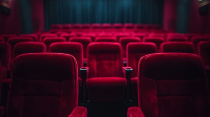 Obraz premium Empty red seats in a dark movie theater with a large screen in the background.