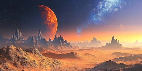 Abstract colorful background of a unique beautiful fantasy space with planets, nebulas and stars from land view with mountains and dusty hills, mystical landscape with strange astronomical objects