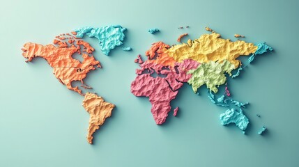 World Map Highlighting Geographical Regions, a detailed illustration showcasing distinct shapes of global regions, emphasizing their unique boundaries and relationships.