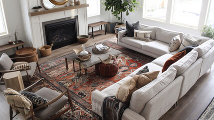 interior design concept. Warm, inviting living room with a corner fireplace, oversized sectional, and layered rugs, creating a cozy and modern space perfect for gatherings.