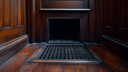 A photo of an open air vent on the floor in front of doors.
