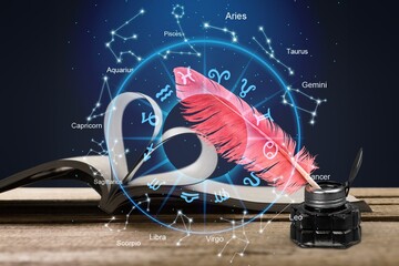 Open book, astrological signs against dark background