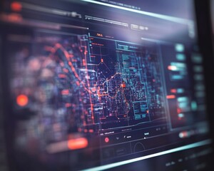 Obraz premium Futuristic Crime Prediction Dashboard Displaying Real-Time Data on High-Risk Areas and Trends, Advanced Digital Interface against Dark Backdrop, map highlighting high-risk areas and crime trends, 