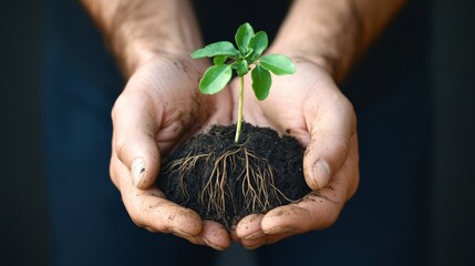 A pair of hands gently cupping a sapling with roots, symbolizing growth and sustainability. 