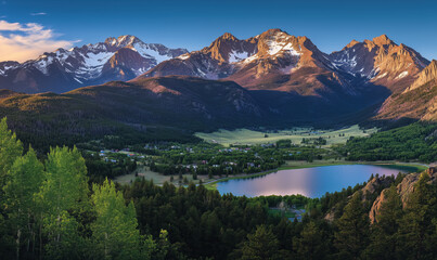 A breathtaking view of towering snow-capped mountains overlooking a peaceful lake at dusk, surrounded by vibrant green meadows and forests.