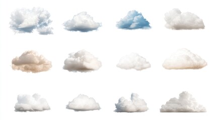 A collection of various cloud shapes and textures against a white background.