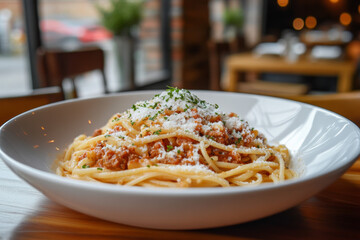 Pasta Spaghetti Bolognese in white plate. Bolognese sauce is classic italian cuisine dish. Popular italian food. Perfect for recipes, articles or any cooking content.
