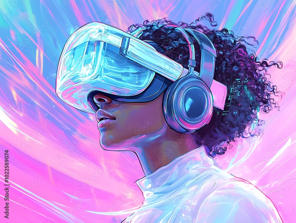 Wall mural Vibrant illustration of a girl wearing virtual reality glasses on pink and blue abstract hued background, new technologies and entertainment