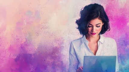 A focused woman works on her laptop against a colorful, abstract background, showcasing modern technology and a creative workspace environment.
