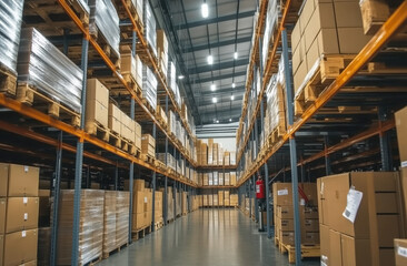 Fototapeta premium An organized storage facility displaying stacks of boxes on shelves in a large warehouse during daylight hours. The storage facility features neatly arranged shelves stacked high with cardboard boxes.