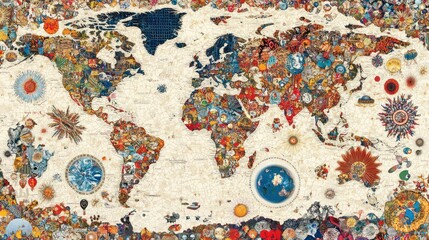 Naklejka premium A colorful world map composed of various artistic elements representing global cultures.