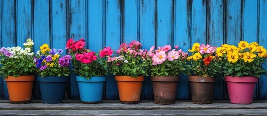 Fototapeta premium Colorful flowers in pots against a blue wooden background.