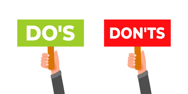 Businessman hands holding signs with dos and donts listing rules