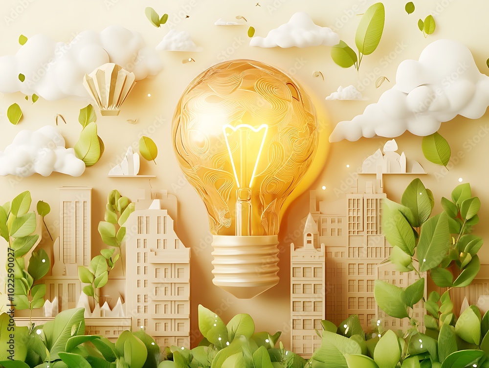 Poster creative bright lightbulb with orange and cream color theme with leaves and minimal buildings on bac