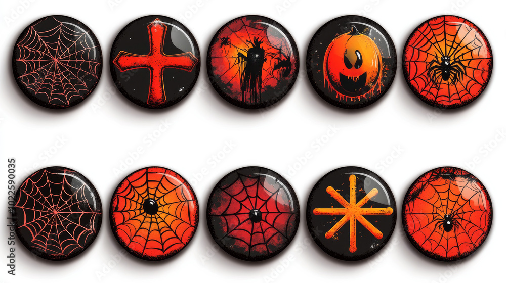 Poster halloween buttons with spiderwebs and crosses. perfect for game design.