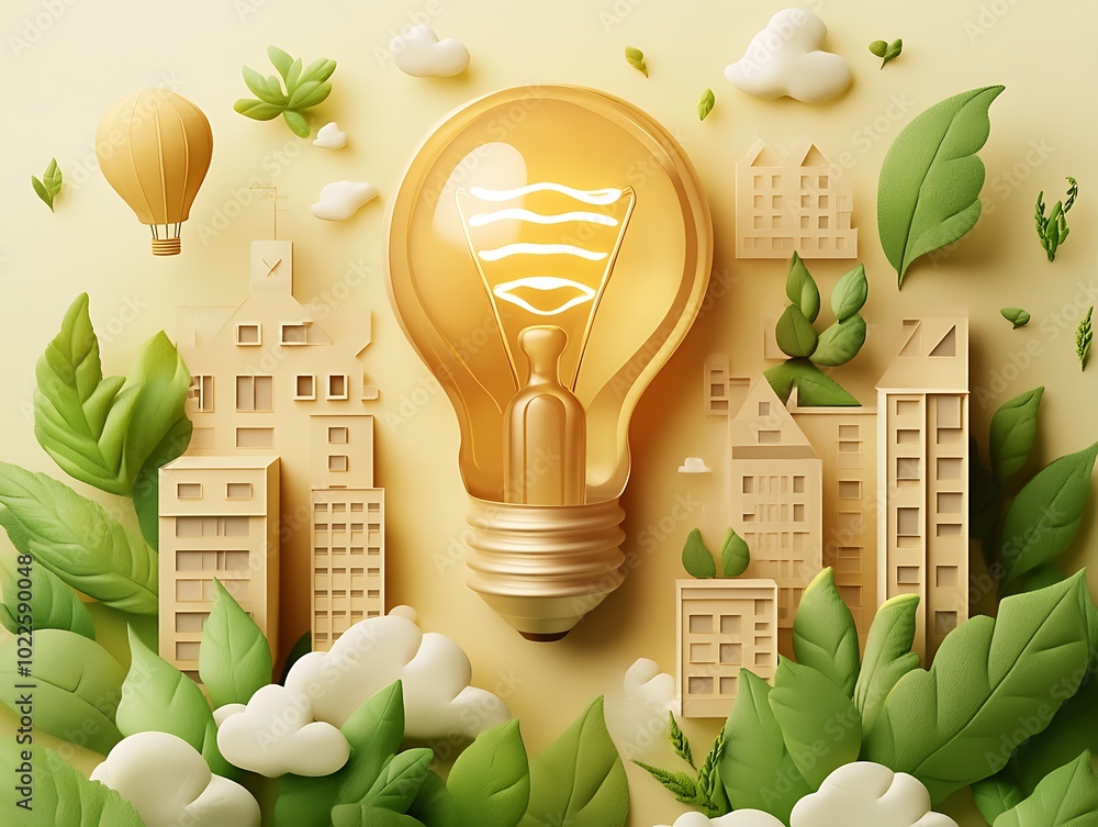 Poster creative bright lightbulb with orange and cream color theme with leaves and minimal buildings on bac
