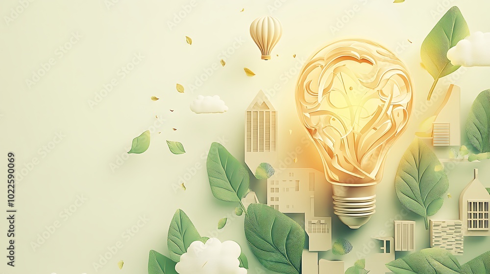 Poster creative bright lightbulb with orange and cream color theme with leaves and minimal buildings on bac