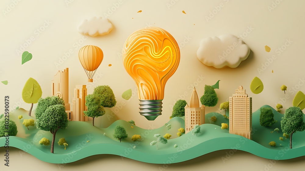 Poster creative bright lightbulb with orange and cream color theme with leaves and minimal buildings on bac
