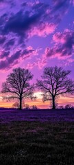 Stunning sunset over a field with silhouetted trees against a vibrant purple sky, creating a serene and picturesque landscape.