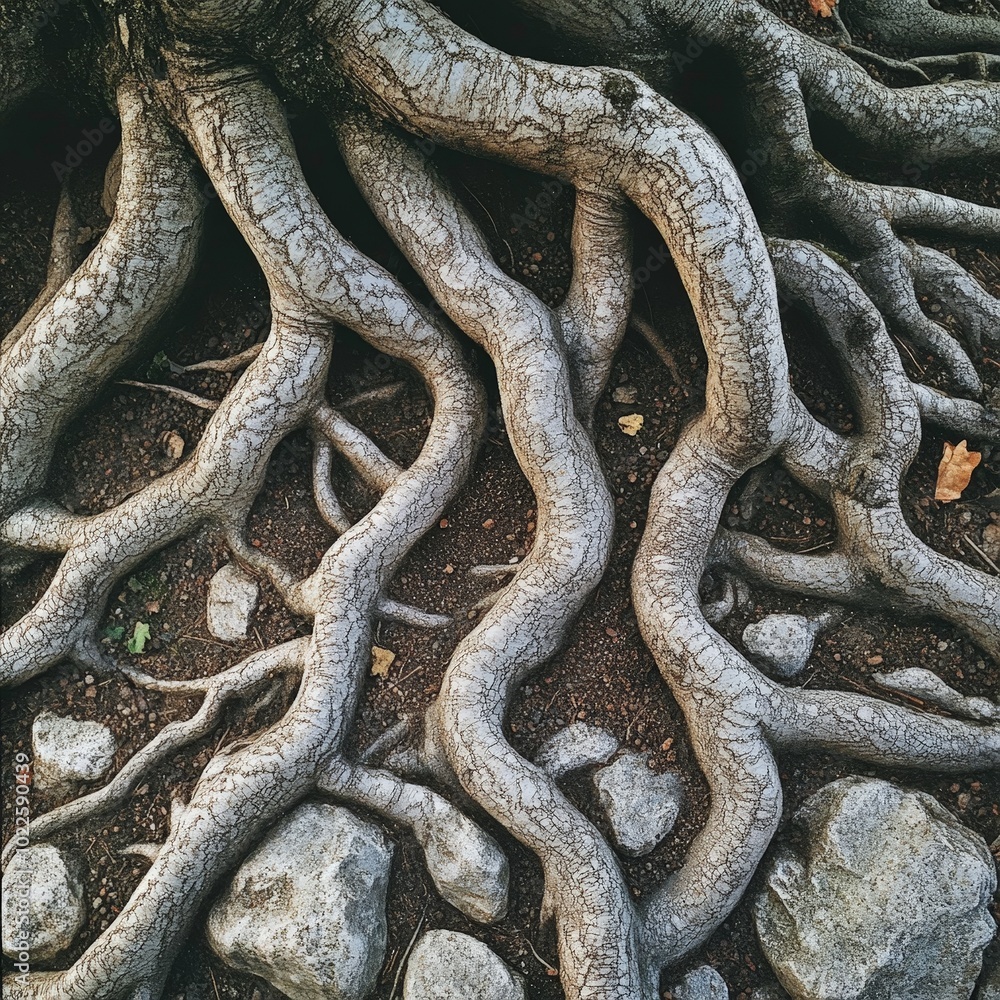 Aufkleber a close-up of intricate tree roots wrapping around rocks and soil, showing the strong foundation