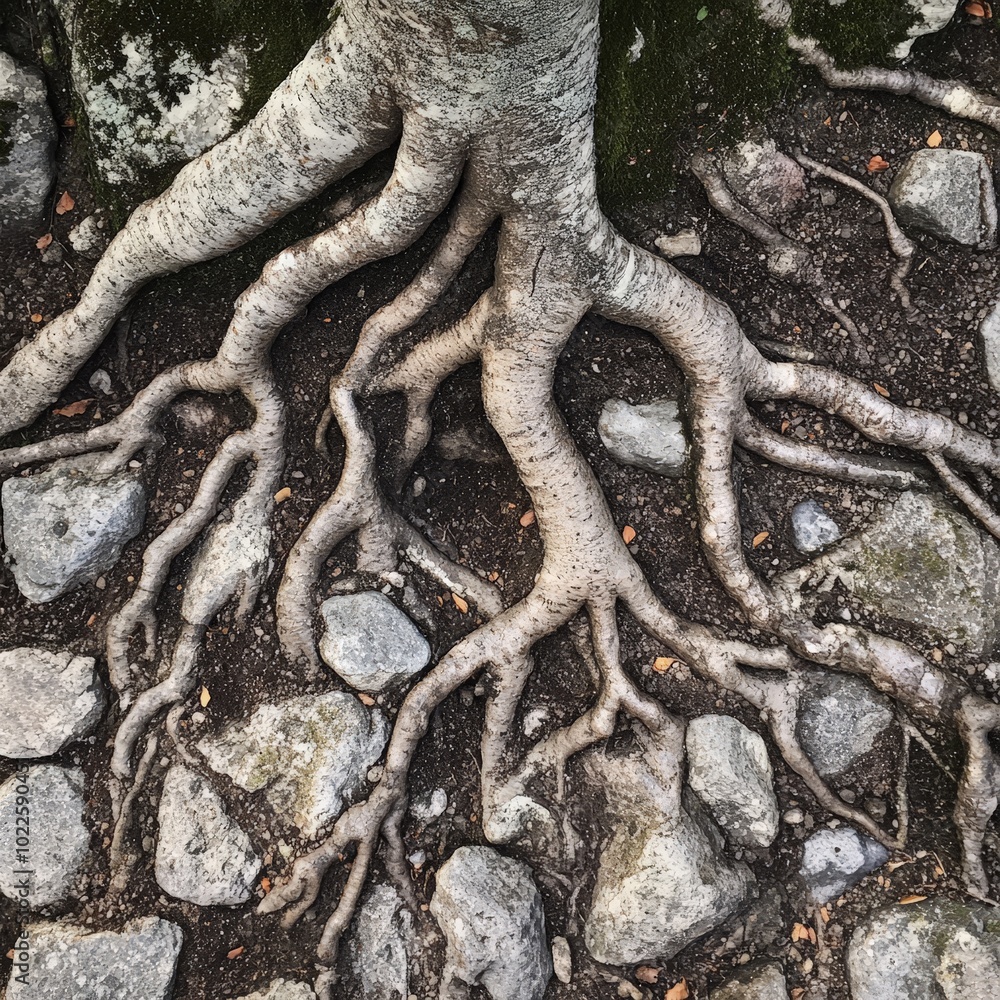 Poster a close-up of intricate tree roots wrapping around rocks and soil, showing the strong foundation