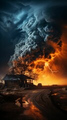 Tornado in village background  for mobile, 9:16 ratio. Generative ai