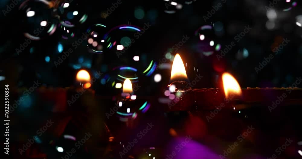 Poster light of oil lamp with blurry bokeh background and soap bubble