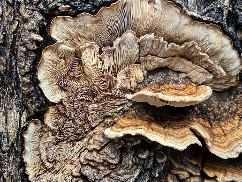 Poster a close-up of tree mushrooms, their intricate patterns and textures adding life to the bark