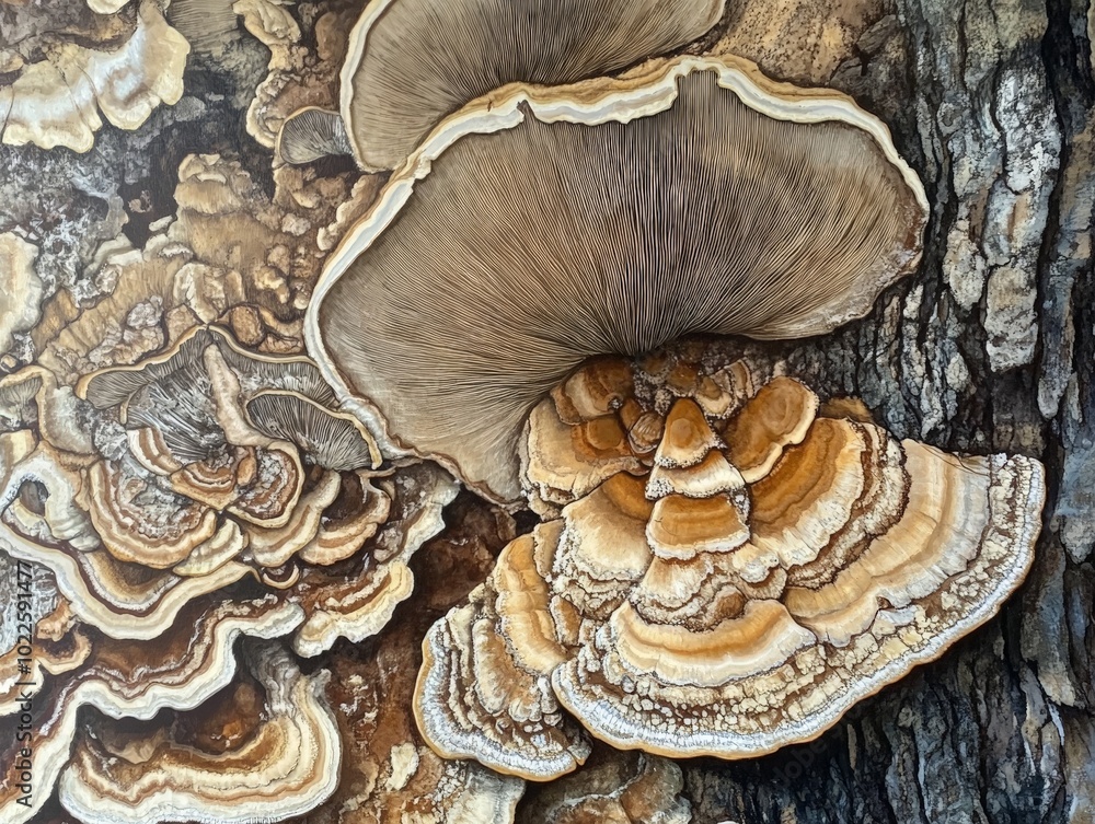 Poster a close-up of tree mushrooms, their intricate patterns and textures adding life to the bark