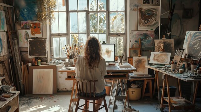 Craftswoman using a tablet computer to design intricate artwork in a bright, modern art studio filled with creative tools and materials
