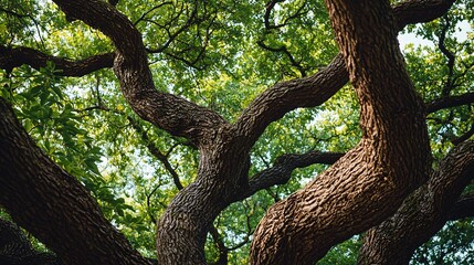 Twisted branches and rough bark define the majestic silhouette of a tree adorned with vibrant green foliage, forming a captivating organic masterpiece.