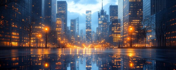 Obraz premium Wet city street reflecting skyscrapers at dusk.