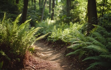 Obraz premium A collection of ferns growing along a forest trail, their leaves gently swaying in the breeze