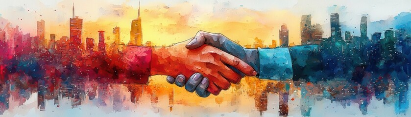 A vibrant watercolor illustration of a handshake against a city skyline backdrop, symbolizing partnership and collaboration in business and corporate environments.