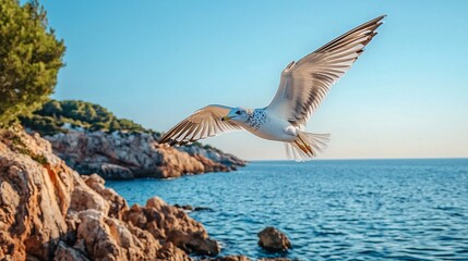 Fototapeta premium A bird glides gracefully above jagged cliffs, its wings outstretched in the bright azure expanse, embodying its sharp predatory prowess.