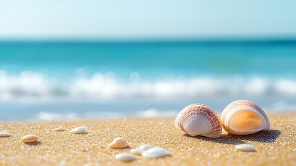 Obraz premium Tiny sea shells by the seaside on the beach, landscape with defocused ocean waves on background