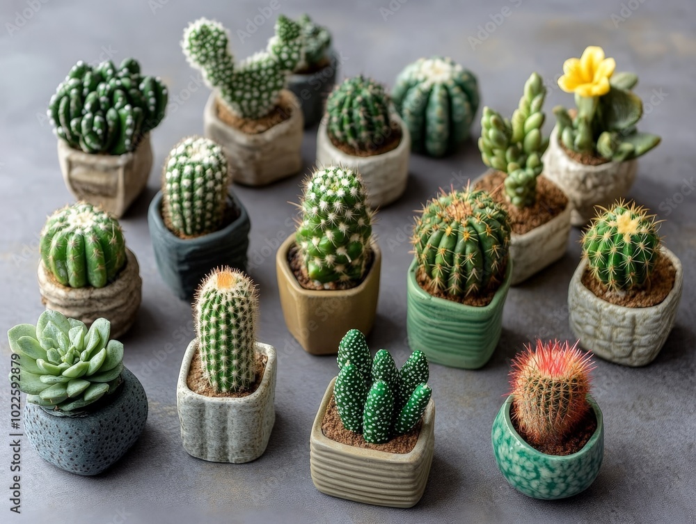 Poster a collection of small cacti in pots, each with a unique shape and size